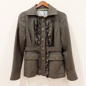 Anthropologie Tabitha Jacket 2 Olive Green Oxer Ruffle Wool Blend Retro Dressy